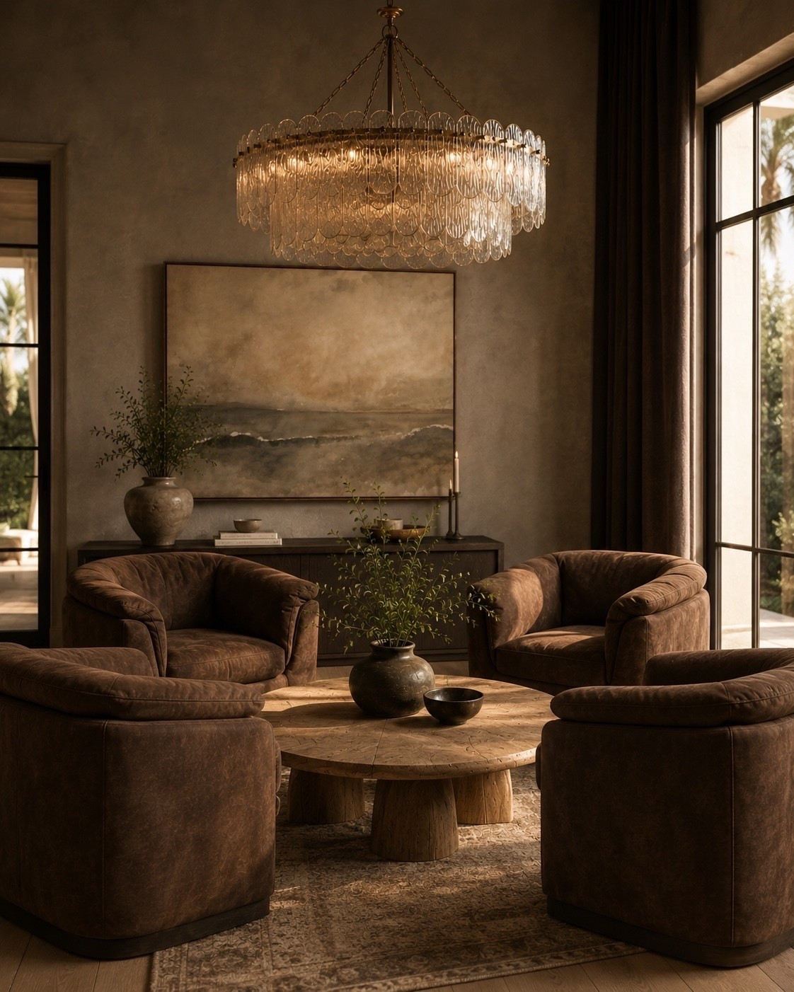 How gorgeous is this moody sitting room! These warm brown chairs swivel for optimal conversation, and the organic shape of this coffee table paired with this chandelier create a rustic elegance I love.

#LTKHome