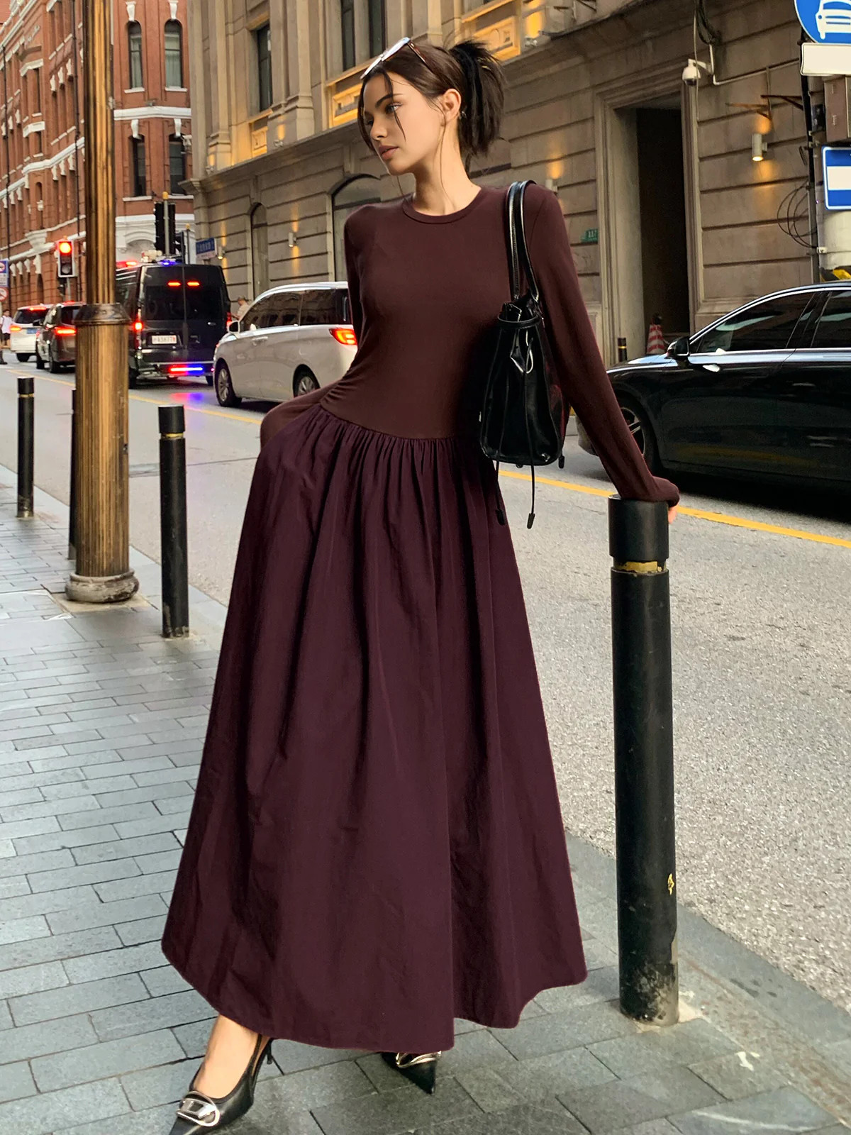 Plain Long Sleeve Pleated Dress | Commense
