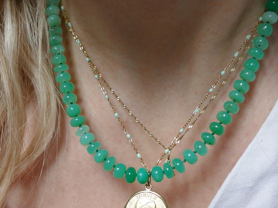 Silk Knotted AAA+ Australian Chrysoprase Necklace | 14K Gold Filled Smooth Natural Rondelle Candy... | Etsy (US)