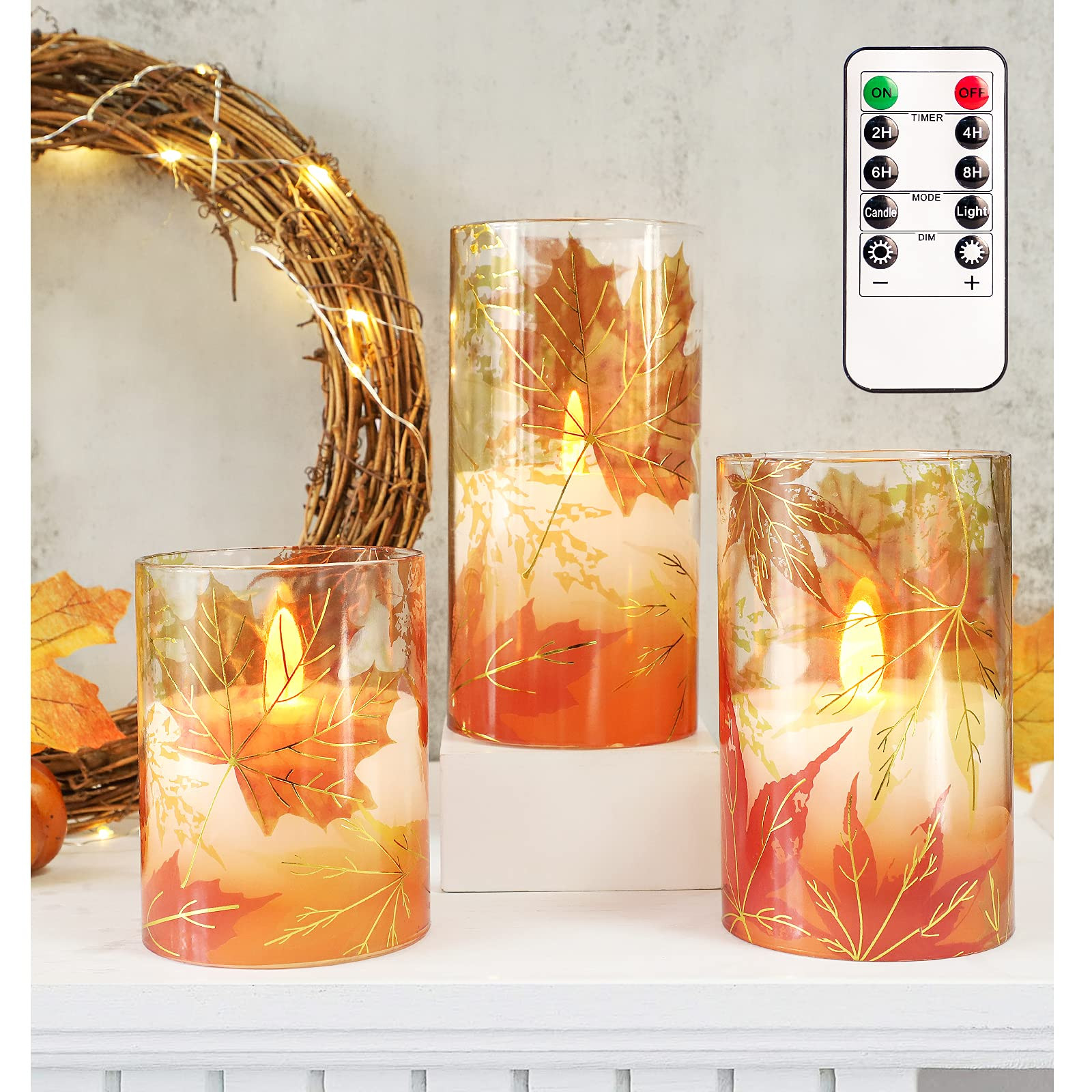 Crystal Club Velas de otoño sin llama, juego de 3, velas LED de hojas de arce con temporizador, ... | Amazon (US)