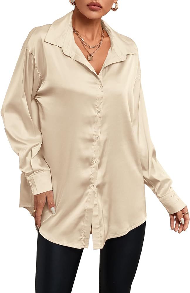 LYANER Women's Satin Silk Collar V Neck Button Down Long Sleeve Blouse Shirt Top | Amazon (US)