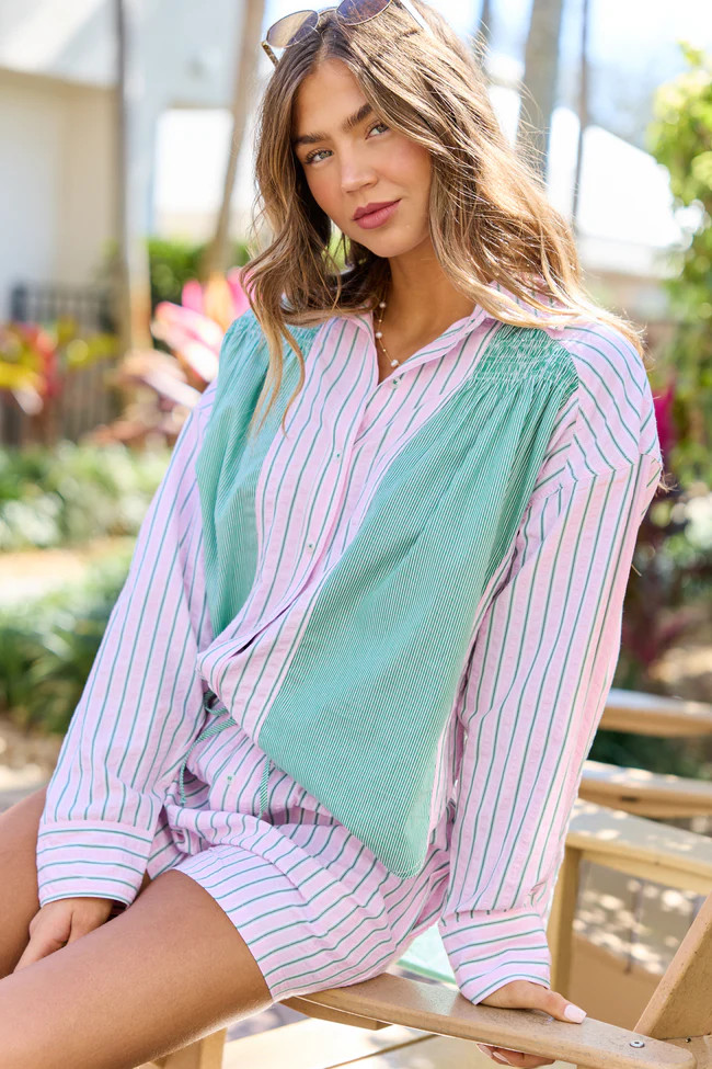 Palm Grove Light Pink and Green Multi Stripe Button Down Shirt | Pink Lily