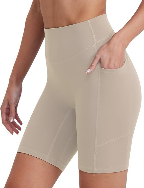 Womens Workout Yoga Shorts High Waist 8" Biker No Front Seam Cream Feeling Athletic Shorts with P... | Amazon (US)
