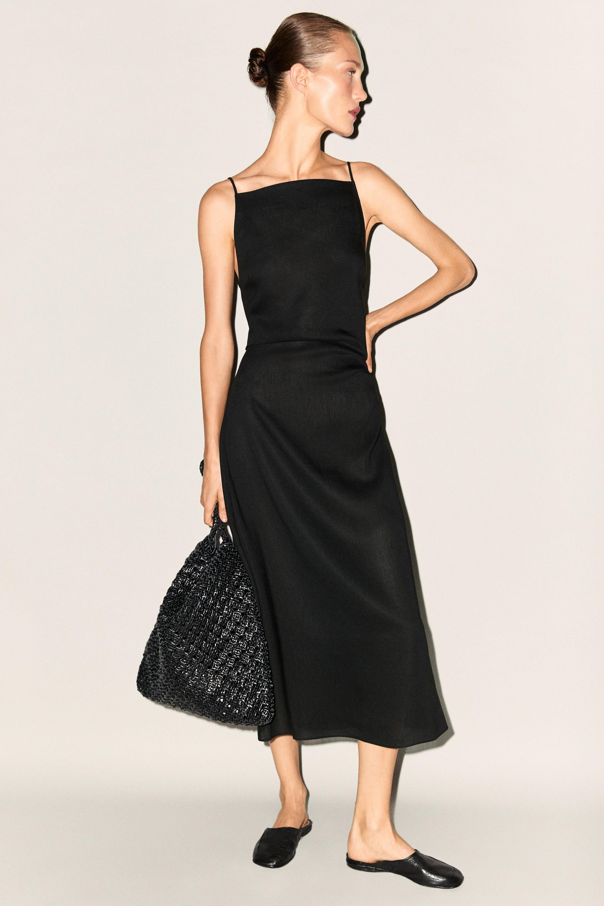 Linen blend spaghetti strap midi dress | Massimo Dutti UK