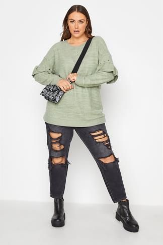 Plus Size Sage Green Frill Sleeve Knitted Jumper | Yours Clothing UK