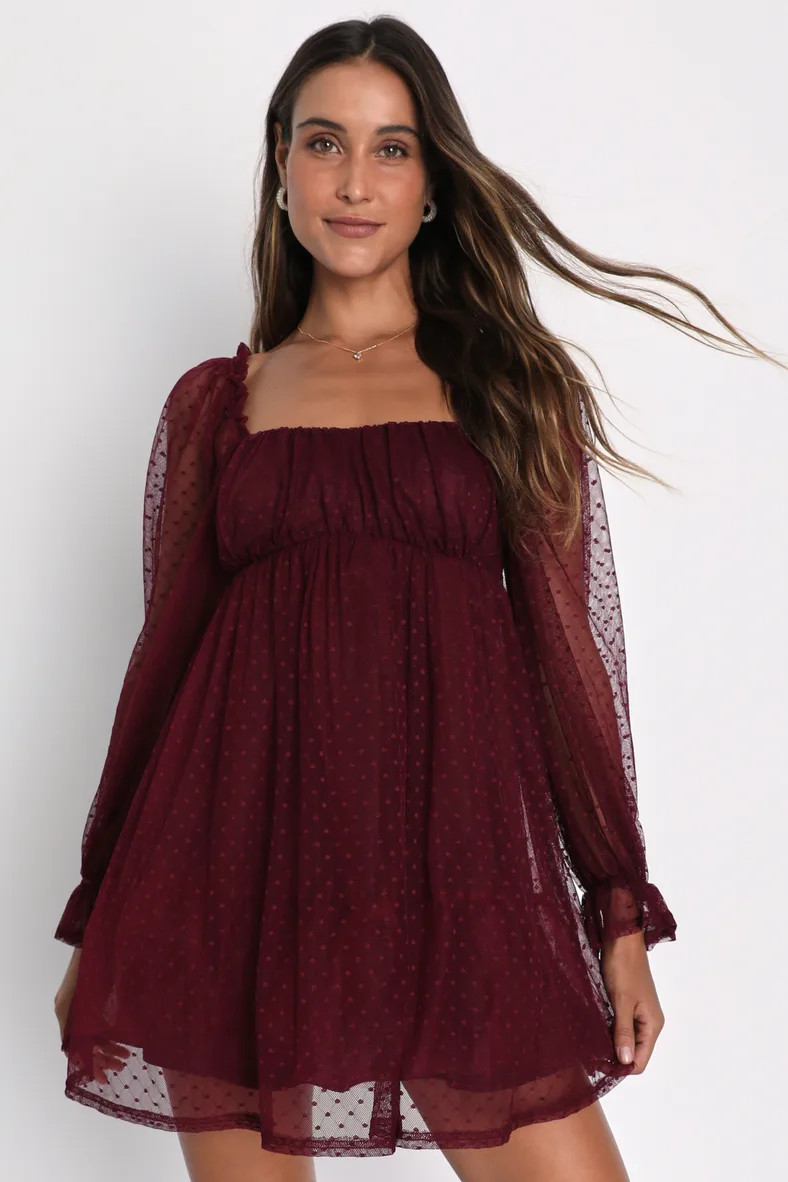 Dreamy Sweetness Burgundy Swiss Dot Ruffled Mini Babydoll Dress | Lulus