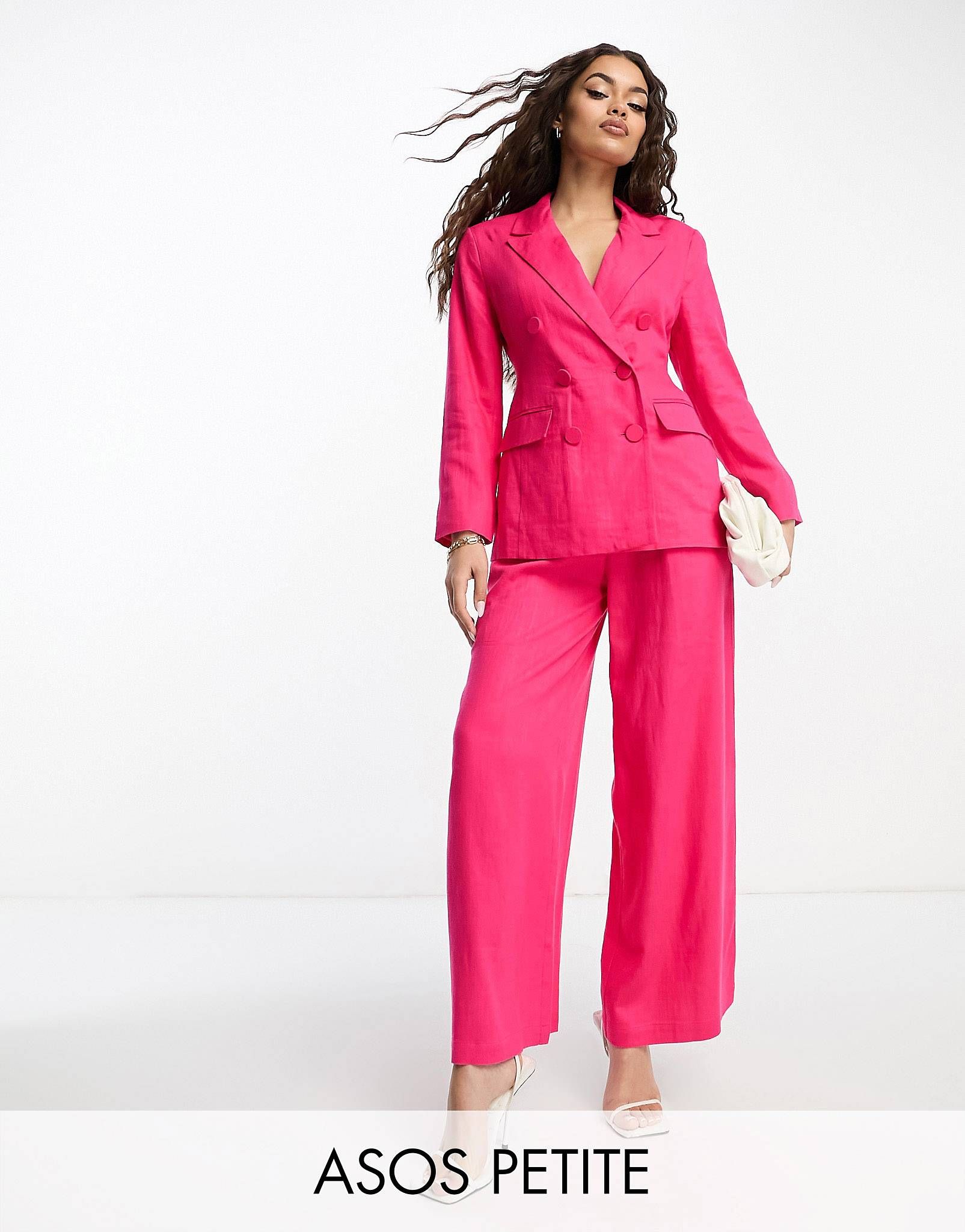 ASOS DESIGN Petite linen double breasted suit blazer in hot pink | ASOS (Global)
