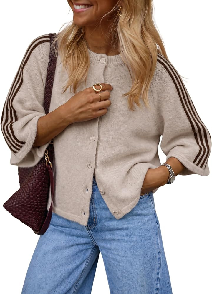 Daacee Women Oversized Striped Cardigan Short Sleeve Button Front Sweater     Lightweight Knit Ca... | Amazon (US)