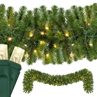Red Sleigh 9 ft. Pre-Lit LED Artificial Sequoia Fir Commercial Christmas Garland with 100 Warm Wh... | The Home Depot