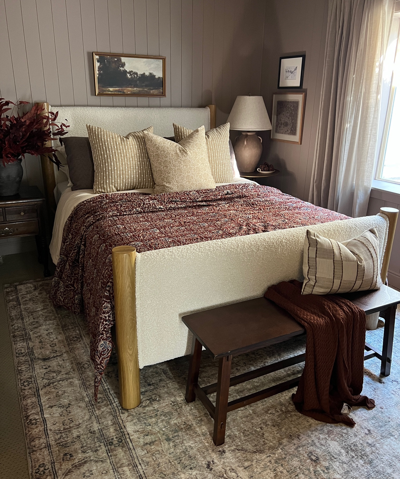 Moody bedroom styling 

Guest room burgundy kantha quilt tan beige throw pillow cover striped floral block print vintage rug red stems dark found vase aged bronze round side table urn lamp brown bench throw blanket vintage landscape framed art studio mcgee Etsy amber Lewis loloi linen curtains white and black quilt stitching empire lamp shade ceramic dish cream candle 

#LTKhome #LTKFind #LTKstyletip