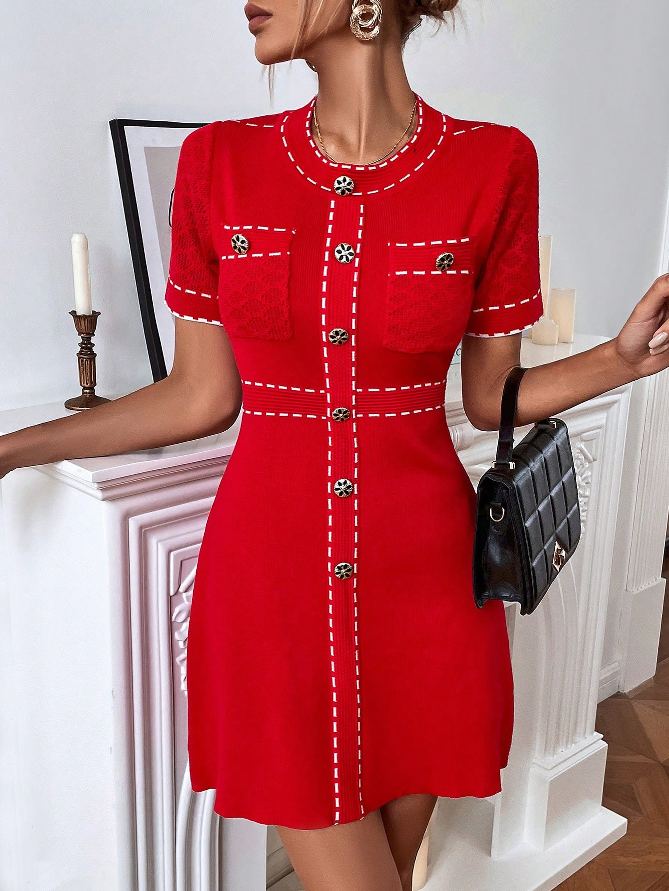 Knit Mix Contrast Trim Button Detail Sweater Dress | SHEIN