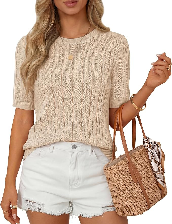 ZESICA Womens Summer Short Sleeve Knit Tops 2026 Crewneck Crochet Sweater Tops for Women Casual T... | Amazon (US)