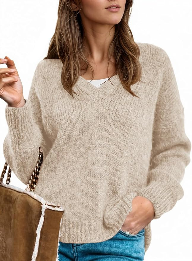 Yousify Womens Fall V Neck Sweaters Casual Knit Long Sleeve Loose Fit Pullover Sweater Tops | Amazon (US)