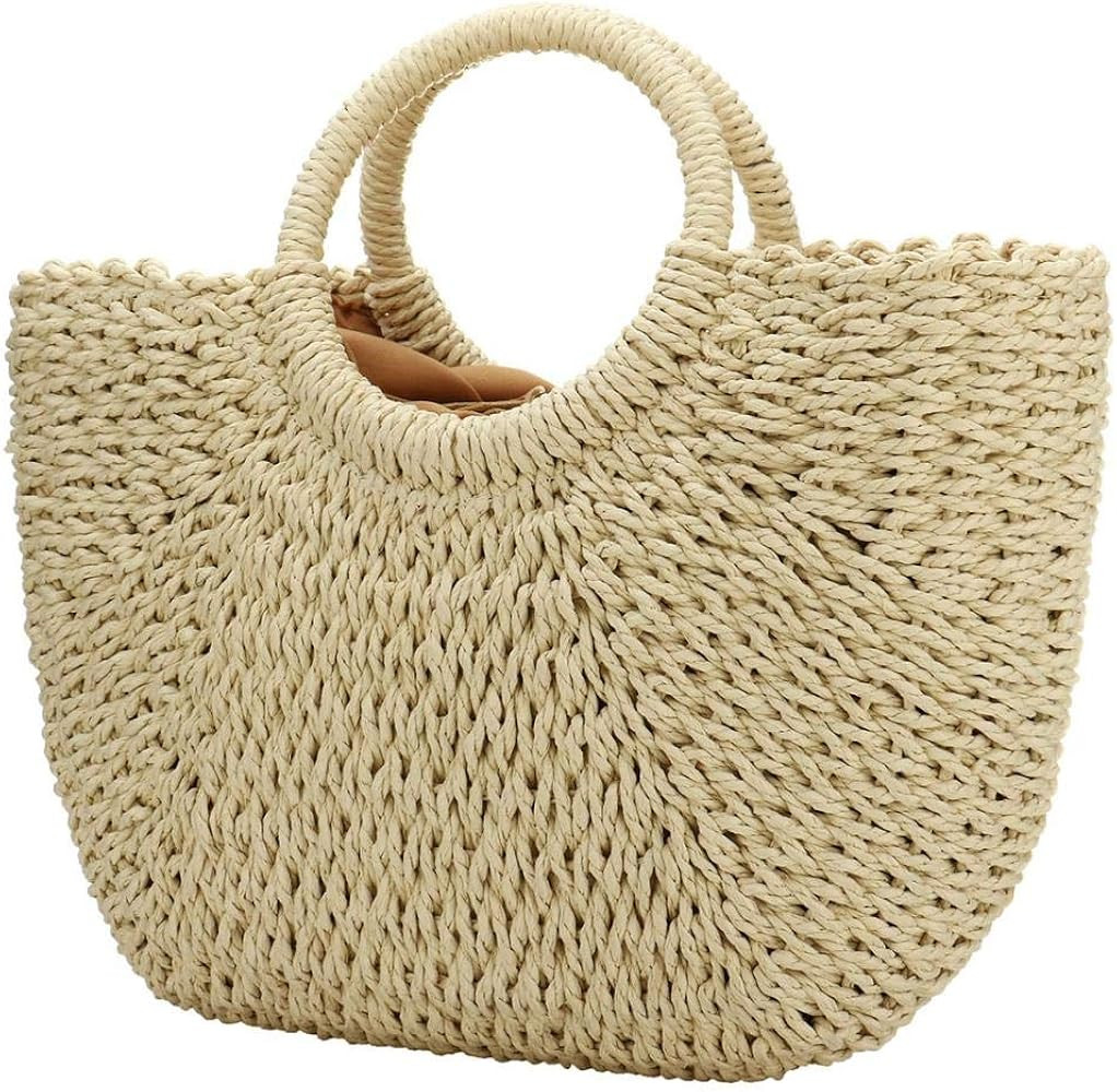 Women Summer Beach Bag, Straw Handbag Top Handle Big Capacity Travel Tote Purse Hand Woven Straw Lar | Amazon (US)