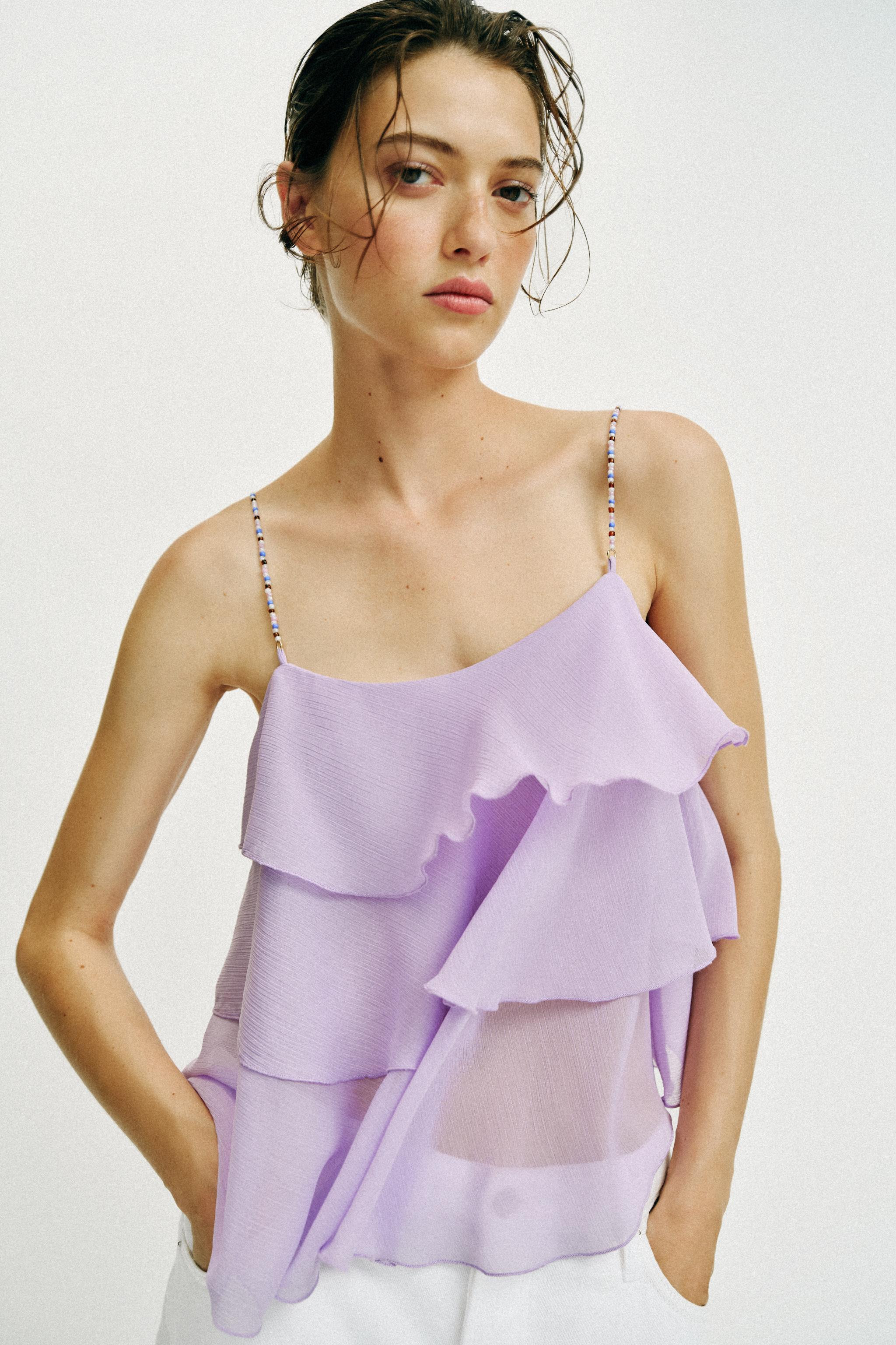 BEADED RUFFLE STRAP TOP | Zara US