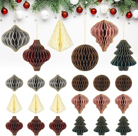 Nezyo 24 Pieces Christmas Paper Honeycomb Ornaments with Glitter Edge Brown Hanging Paper Lantern... | Amazon (US)