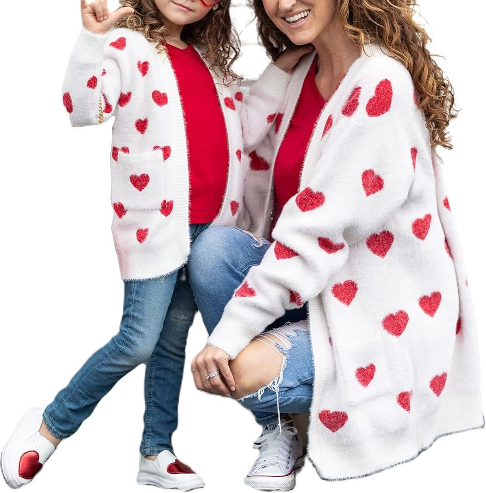 Family Matching Cardigan Outfits Mommy and Me Long Sleeve Open Front Long Cardigan Casual Heart S... | Amazon (US)