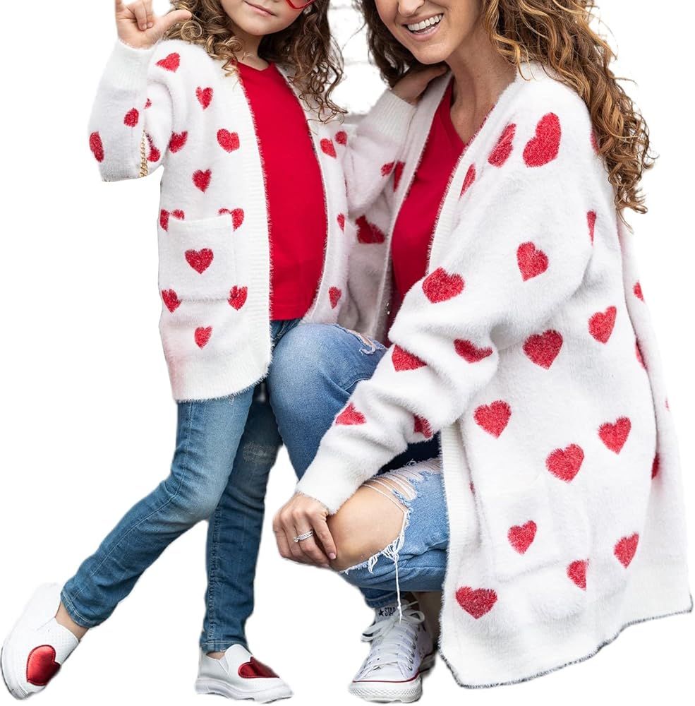 Family Matching Cardigan Outfits Mommy and Me Long Sleeve Open Front Long Cardigan Casual Heart S... | Amazon (US)