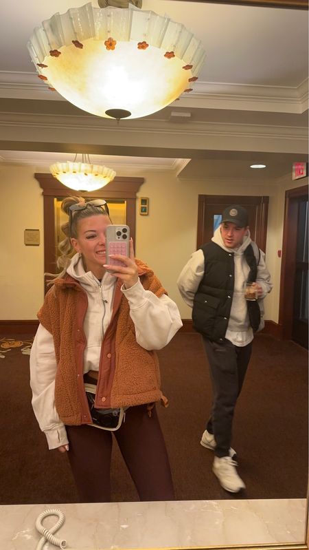 Cozy look for todays hike! Loving this fall sherpa vest from free people 
Sized up to a 4 in Lululemon 
Size small in my Sherpa vest 
Alex is wearing his normal size large 

#LTKfitness #LTKfindsunder50 #LTKfindsunder100