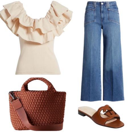 Ruffle top
Jeans
Wide leg jeans
Tote bag

Vacation outfit
Date night outfit
Spring outfit
#Itkseasonal
#Itkover40
#Itku
#LTKShoeCrush #LTKFindsUnder100 #LTKItBag