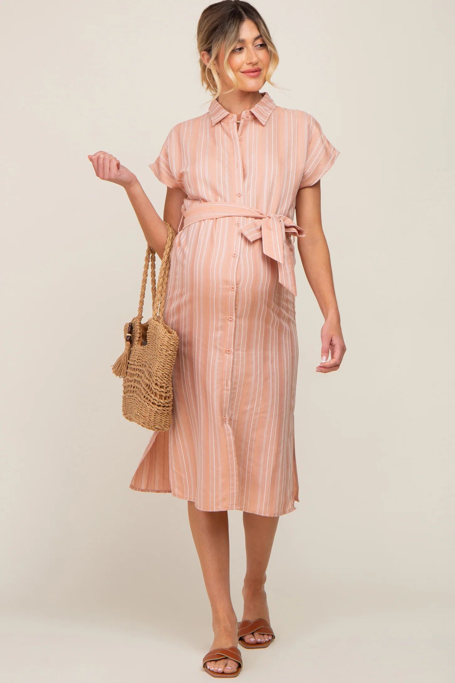 Peach Textured Stripe Button Front Linen Maternity Dress | PinkBlush Maternity