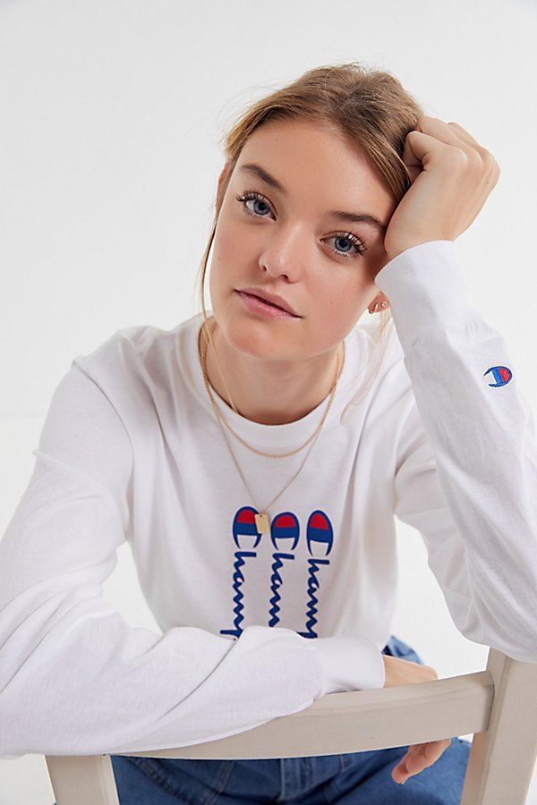 Champion UO Exclusive Triple Script Long Sleeve Tee - White S at Urban Outfitters | Urban Outfitters (US and RoW)