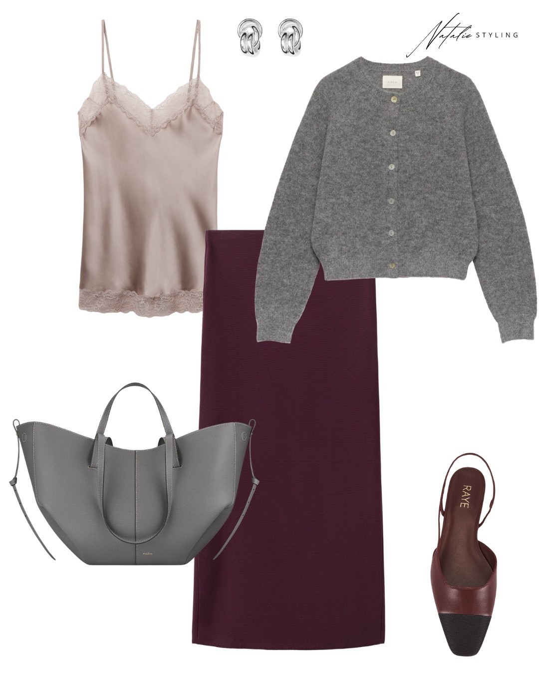 A sleek, feminine take on modern workwear 🤍 This polished office look blends rich burgundy tones with soft mauve pink and cool gray neutrals for an effortlessly chic, professional outfit. The silky lace-trim camisole adds a delicate, feminine contrast under a classic gray cardigan, while the structured burgundy midi skirt keeps the look sharp, tailored, and work-appropriate. Finished with a sophisticated gray tote and kitten slingbacks, this outfit is perfect for the office, meetings, or elevated everyday work style. 

#LTKootd #LTKU #LTKWorkwear