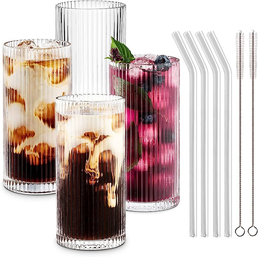 Combler Glass Cups with Straws, Drinking Glasses 12.5oz, Ribbed Glassware Set of 4, Iced Coffee C... | Amazon (US)