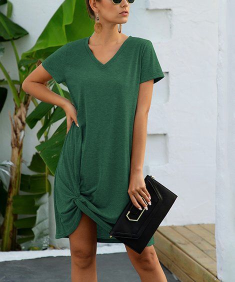 Green Knot-Hem V-Neck T-Shirt Dress - Women | Zulily