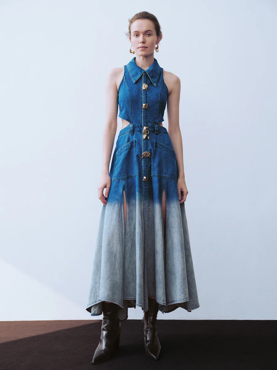 Gradient Cut-Out Sleeveless Denim Dress | Urban Revivo