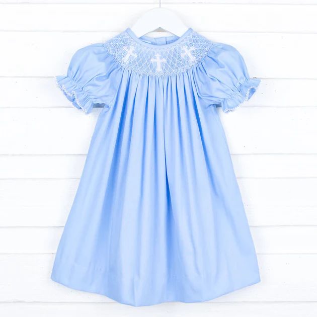 White Cross Smocked Bishop Blue Pique Dress | Classic Whimsy
