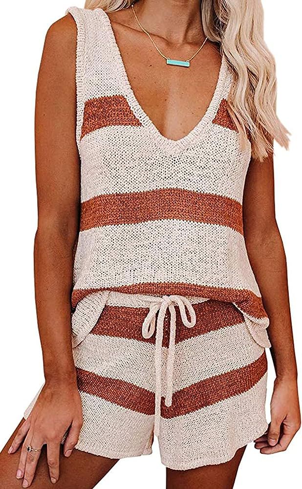 KIRUNO 2021 Women’s Sleeveless V Neck Pajama Sets Striped Print Knitted Drawstring Waist Belt S... | Amazon (US)