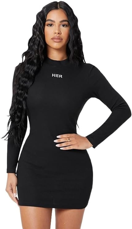 VAIZA Dresses for Women Women's Dress Letter Graphic Mock Neck Bodycon Dress Dresses | Amazon (US)