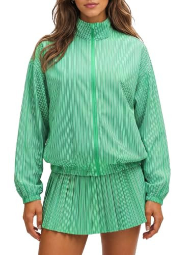 Fisoew Womens 2 Piece Striped Outfits Casual Stand Collar Zip Up Jackets Pleated Mini Skirts Tennis Golf Workout Tracksuits | Amazon (US)