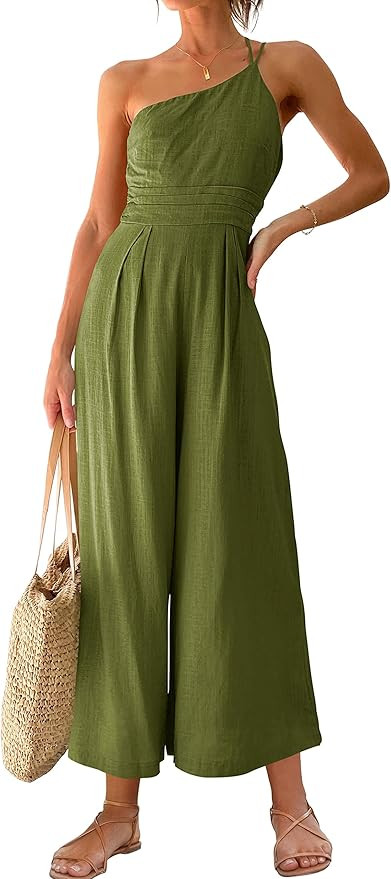 ANRABESS Women's Linen One Shoulder Wide Leg Jumpsuits | Amazon (US)