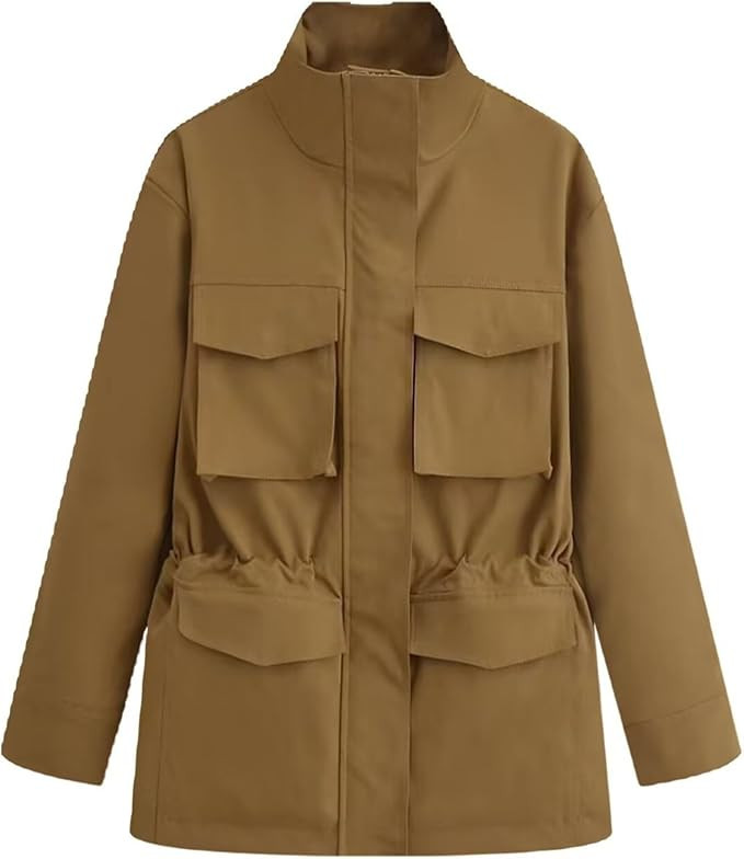 FindThy Women’s Utility Jackets Casual Stand Collar Drawstring Waist Long Sleeve Multi Pockets ... | Amazon (US)