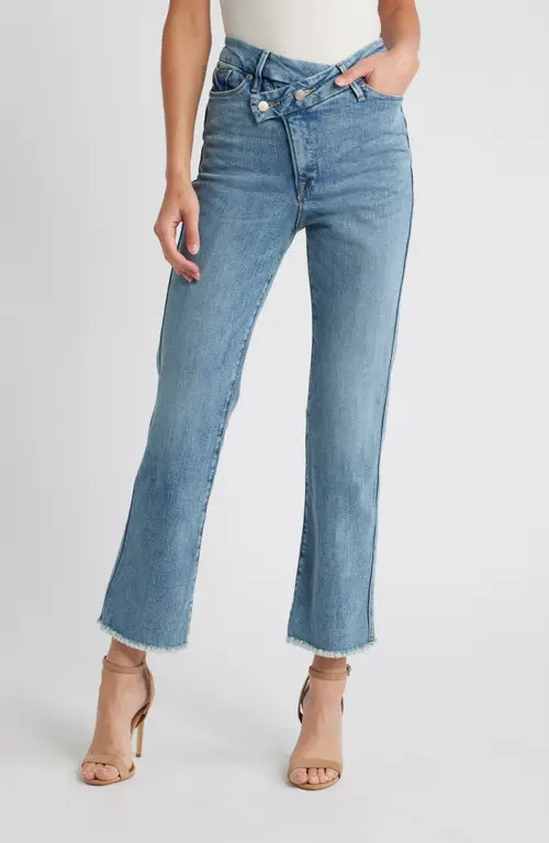 Good American Good Curve Crossover Waist Straight Leg Jeans in Indigo709 at Nordstrom, Size 4 | Nordstrom