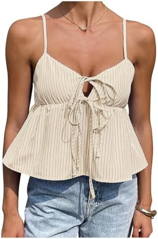 Milumia Women's Striped Babydoll Peplum Tank Top Tie Front Ruffle V Neck Spaghetti Strap Cami Cro... | Amazon (US)