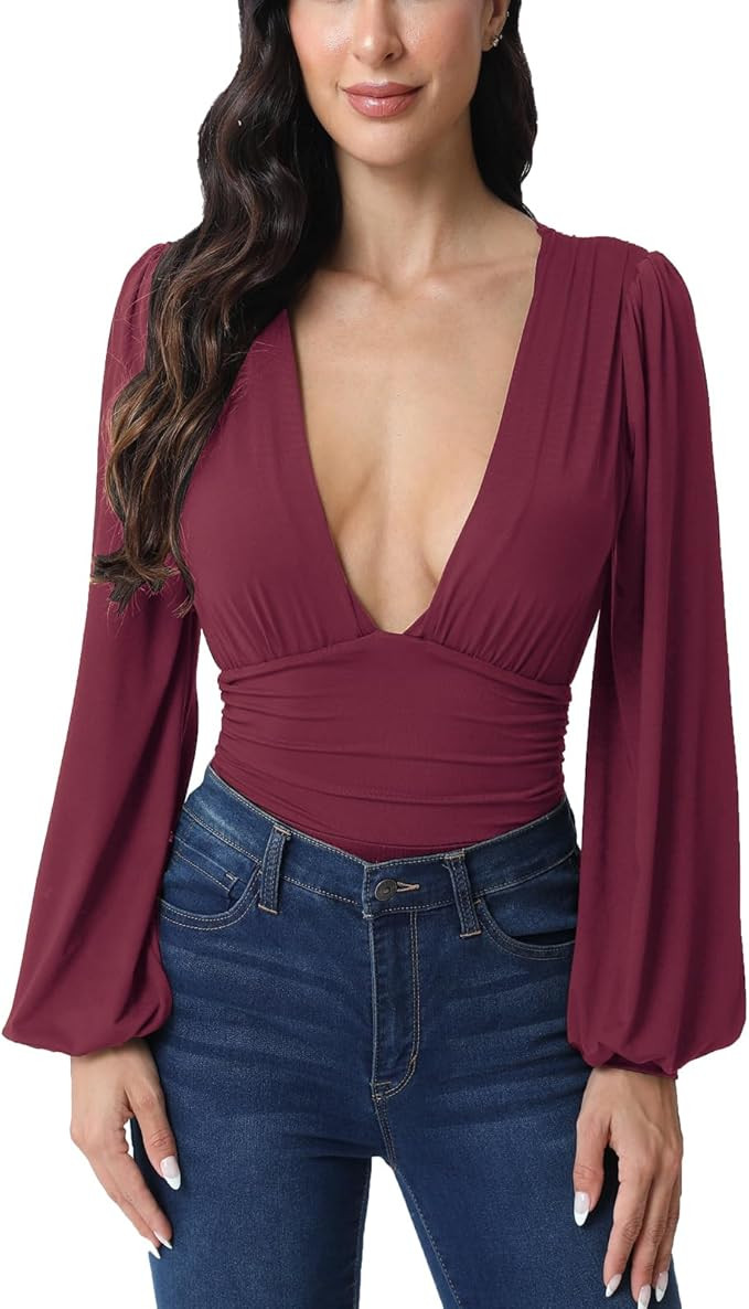 Weigou Women Jumpsuits Long Sleeve V Neck Pleated Loose Bodysuits Tops For Women Leotard Shirts | Amazon (US)