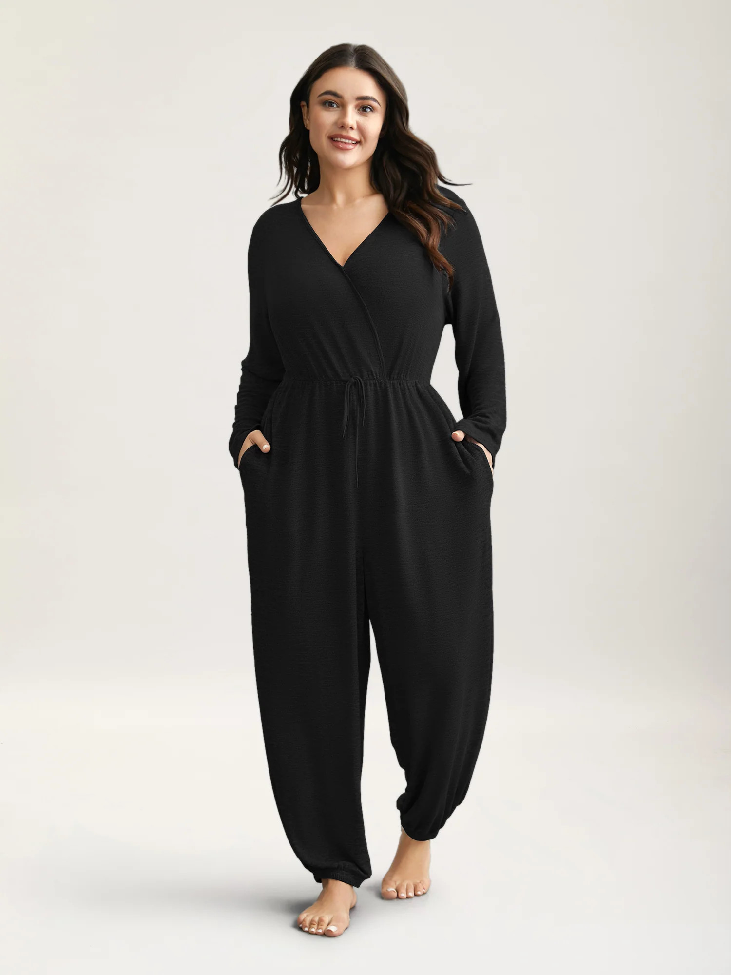 Elastic Waist Overlap Collar Lounge Jumpsuit | Bloomchic