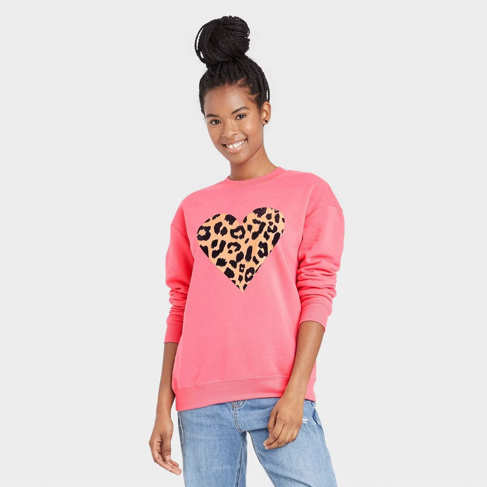 Women's Leopard Print Heart Graphic Sweatshirt - Rose XS, Pink | Target