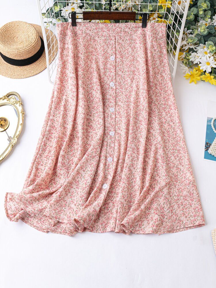 Plus Ditsy Floral Button Front Skirt | SHEIN