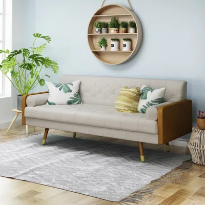 Mid-Century Modern Tufted Fabric Sofa with Gold-Tipped Rubberwood Legs, Combining Style and Comfort for Any Living Room. | Wayfair North America