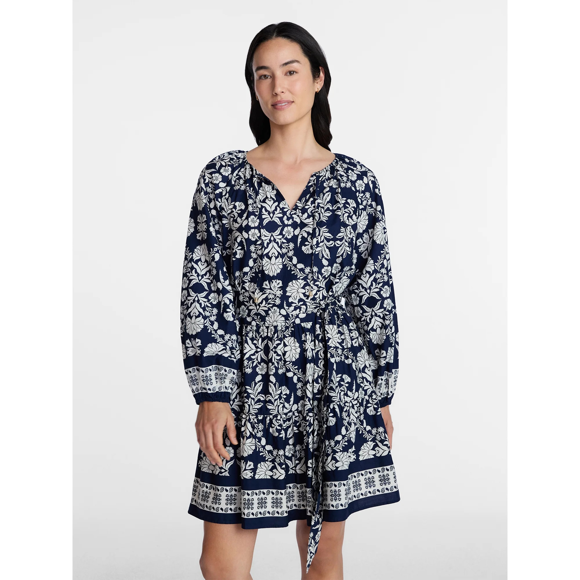 Time and Tru Women's and Women's Plus Tie Neck Cotton Mini Peasant Dress, Sizes XS-4X | Walmart (US)