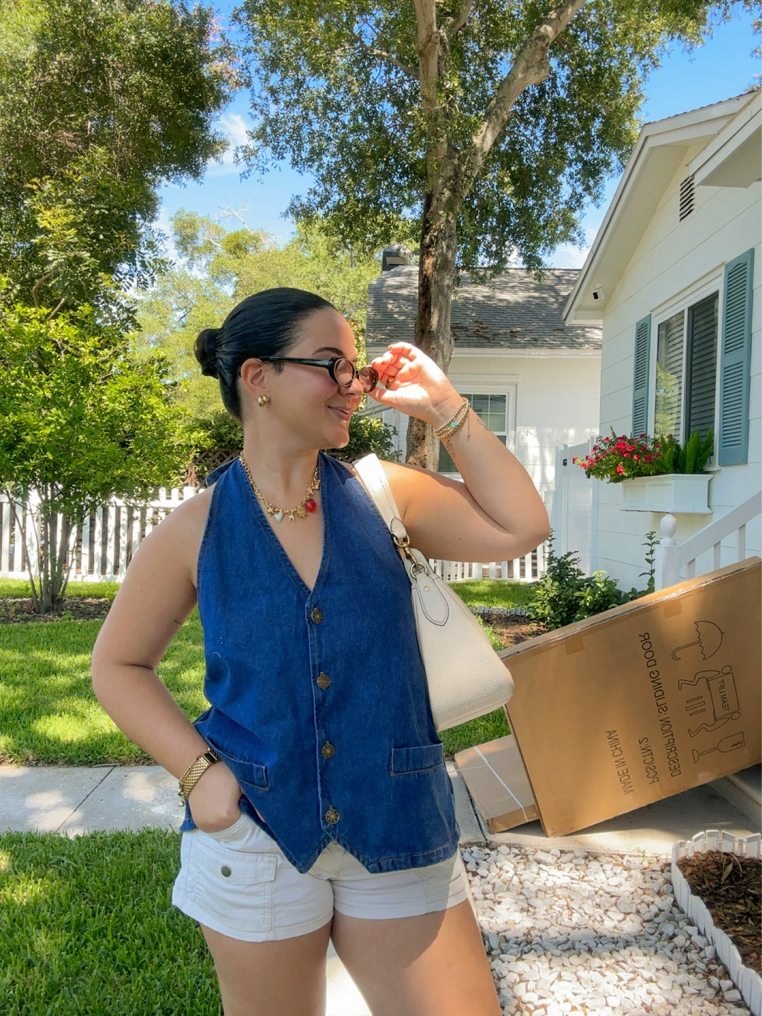casual summer ootd 😎 wearing a US 6 in the top and US 8 in the shorts. Top is in the color dark denim but sold out - linked the black one! // summer outfit ideas, casual women's fashion, backless top, spring fashion trends, charm necklace 

#LTKFindsUnder100 #LTKMidsize