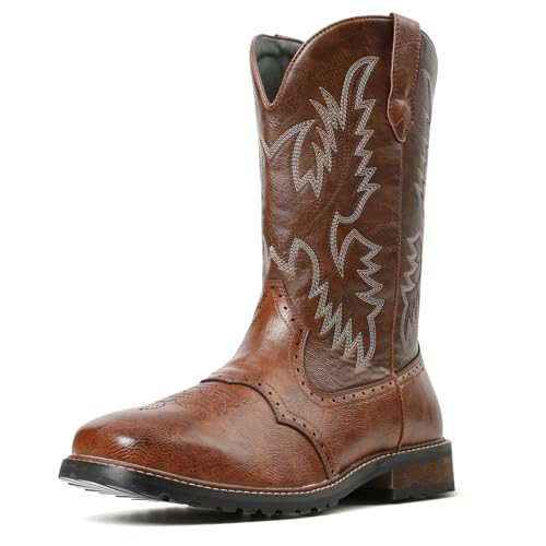 femflame Cowboy Boots For Men Square Toe Leather Western Boots Classic Embroidered Durable Slip Resistant Chunky Heel Pull On Distressed Work Boots | Amazon (US)