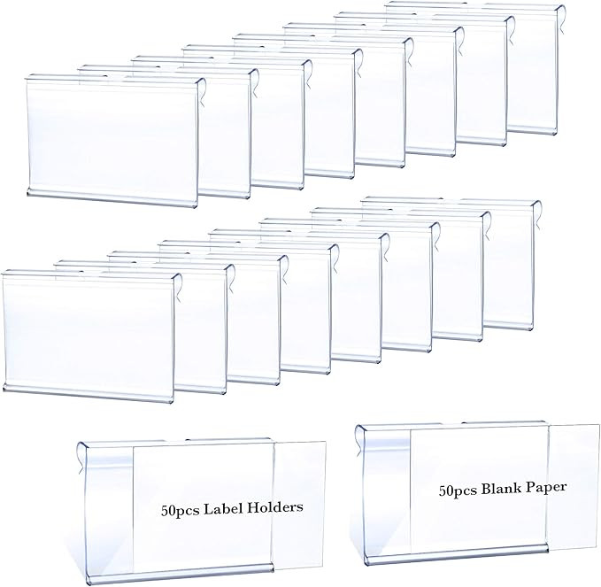 50pcs Clear Plastic Label Holders Wire Shelf Label Clip, Basket Labels for Storage Bins, Clip On ... | Amazon (US)
