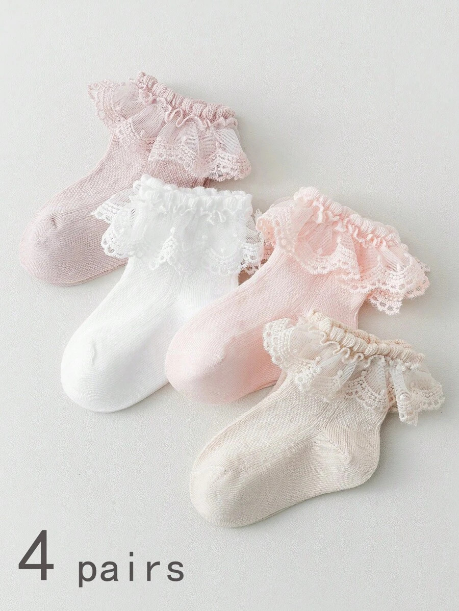 4pairs Girls' Multicolor Soft Breathable Lace Trim Princess Style Socks, Suitable For Spring, Sum... | SHEIN