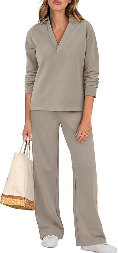 ANRABESS Lounge Sets for Women 2 Piece Outfits Sweatsuit Set Fall V Neck Sweatshirts Wide Leg Pan... | Amazon (US)