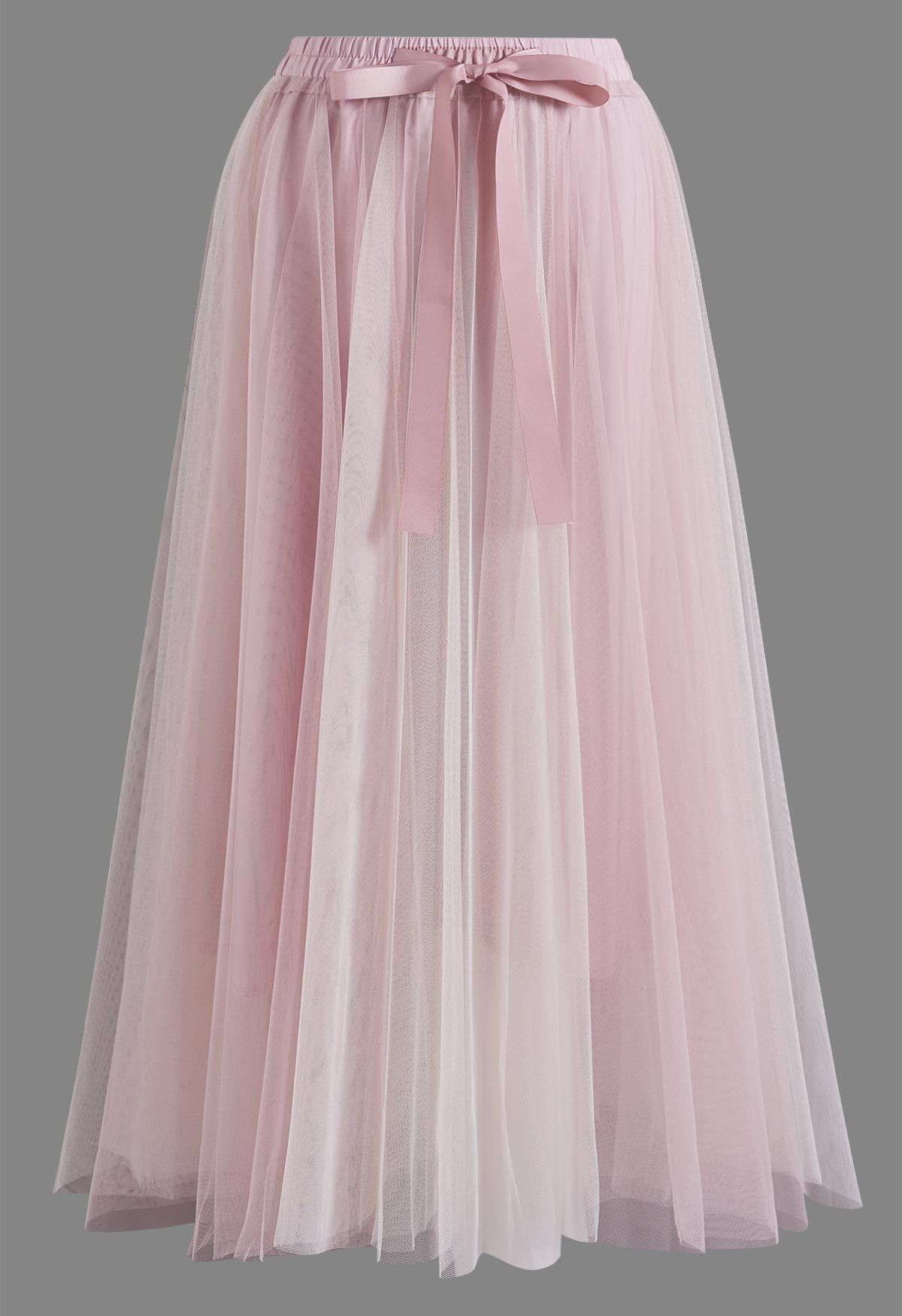 Dreamy Two-Tone Bow-Waist Mesh Tulle Maxi Skirt in Pink for Sunset Dinner Dates & Coastal Walks | Chicwish